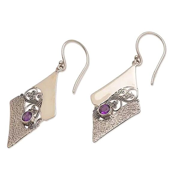 Diamond-shaped Amethyst Dangle Boho Earrings - Picture 4 of 4